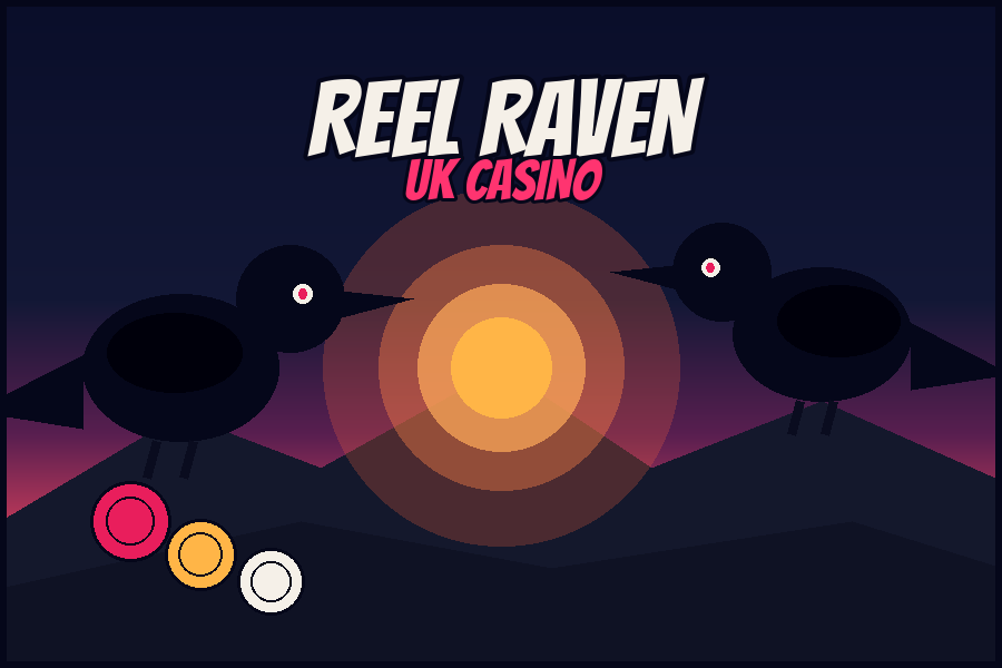 Reel Raven UK Casino sunset hero with two raven characters and poker chips
